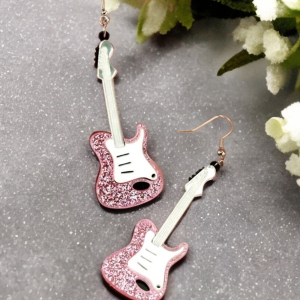 MODCLOTH ACRYLIC GLITTER GUITAR ROCK & ROLL EARRINGS